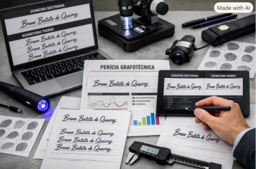 Espaço de trabalho moderno de perícia grafotécnica, com análise digital de assinaturas